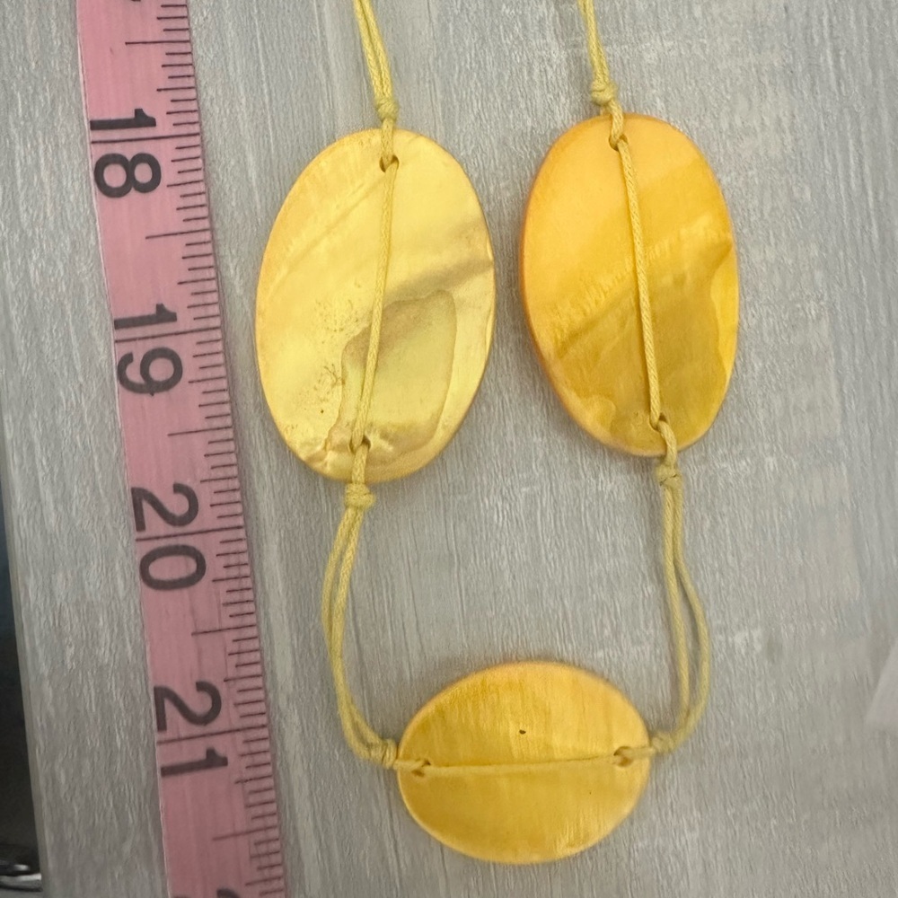 Boho Yellow Shell Disc Necklace | Long Knotted Cord Statement - Picture 6 of 6